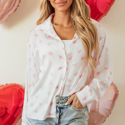 Heart Print Collared Neck Long Sleeve Shirt