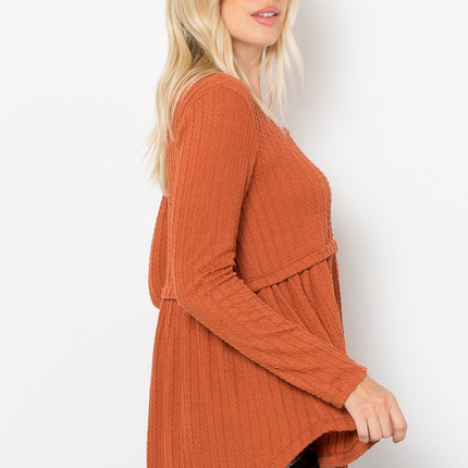 Be Stage Full Size Texture Babydoll Round Neck Long Sleeve Knit Top