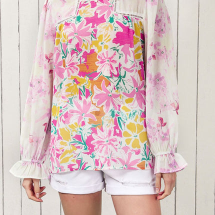 Floral Round Neck Flounce Sleeve Blouse