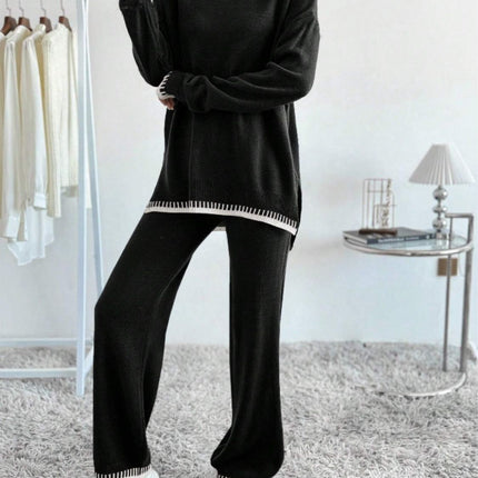 Side Slit Contrast Trim Round Neck Top and Pants Sweater Set