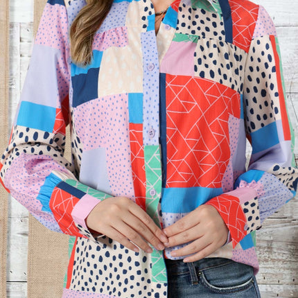 Double Take Patchwork Puff Sleeve Collared Shirt