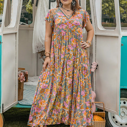 Plus Size Ruffled Printed Cap Sleeve Dress