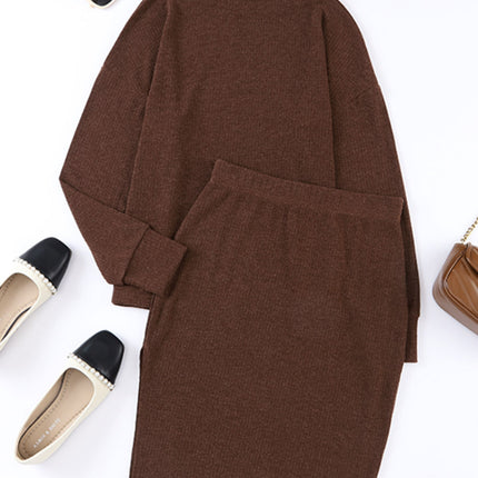 Mock Neck Long Sleeve Top and Slit Skirt Set