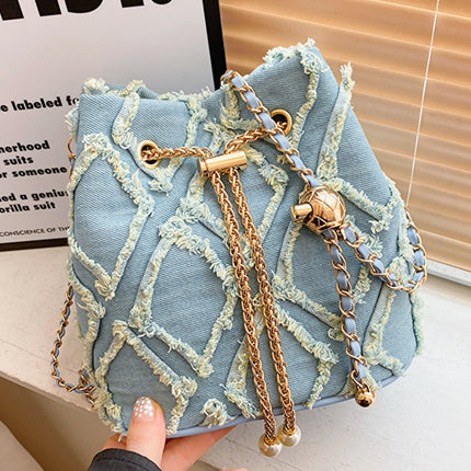 Chain Drawstring Raw Edge Denim Bucket Bag