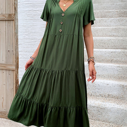 Tiered Notched Short Sleeve Midi Dress