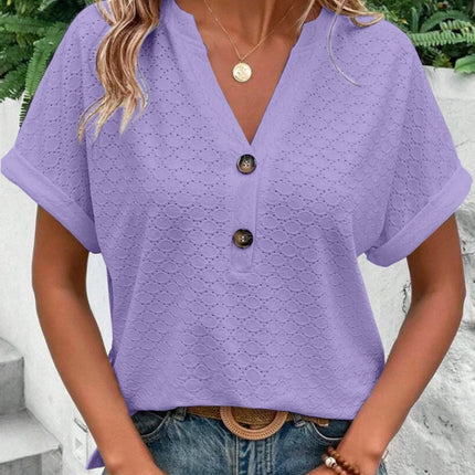 Eyelet Notched Short Sleeve Blouse