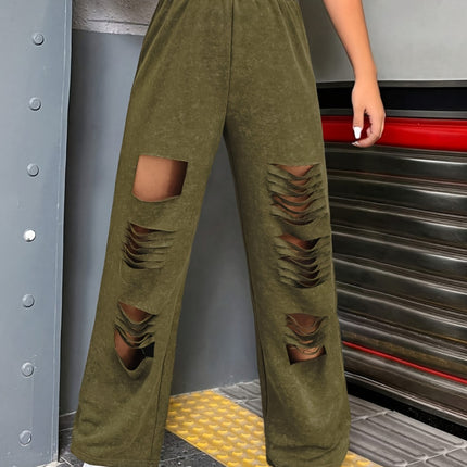 Distressed Elastic Waist Straight Leg Pants