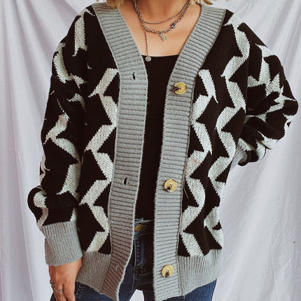 Contrast Trim Geometric V-Neck Long Sleeve Cardigan