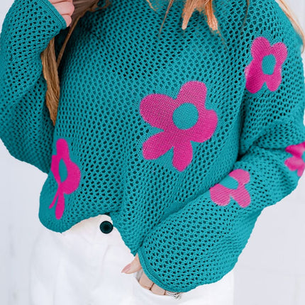 Flower Boat Neck Long Sleeve Knit Cover Up