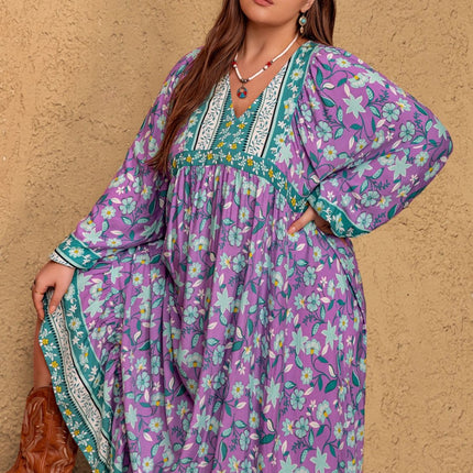 Plus Size Printed V-Neck Long Sleeve Maxi Dress