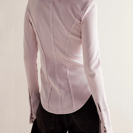 Exposed Seam Snap Down Collared Neck Long Sleeve Top