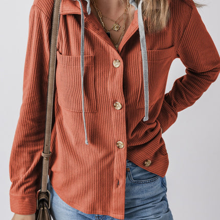Drawstring Button Up Long Sleeve Hooded Jacket - Vickie Lynn's