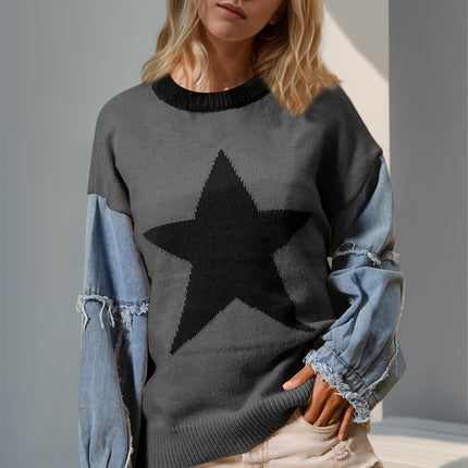 Double Take Full Size Star Pattern Raw Edge Long Sleeve Sweater