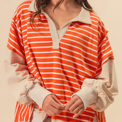 Striped Johnny Collar Long Sleeve Sweatshirt - Vickie Lynn's