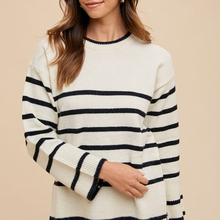 Annie Wear Side Slit Striped Round Neck Sweater