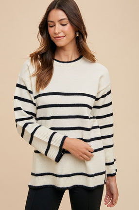 Annie Wear Side Slit Striped Round Neck Sweater