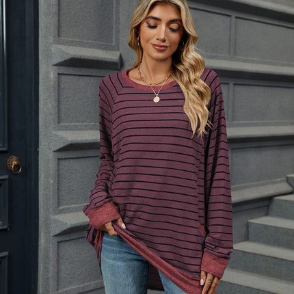 Pocketed Striped Round Neck Long Sleeve T-Shirt