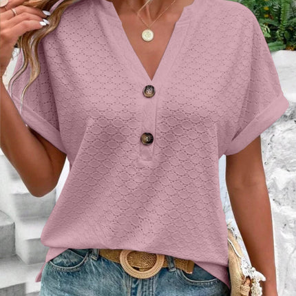 Eyelet Notched Short Sleeve Blouse