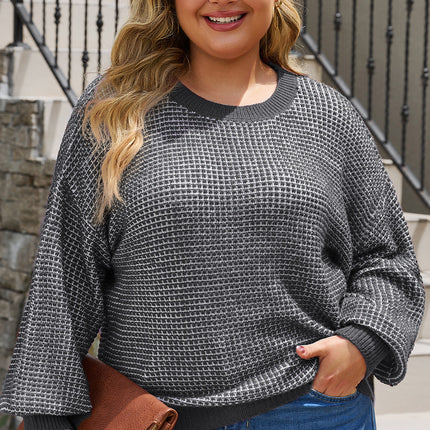 Plus Size Waffle-Knit Round Neck Dropped Shoulder Sweater