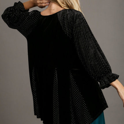 Umgee Godet Hem Polka Dot V-Neck Blouse