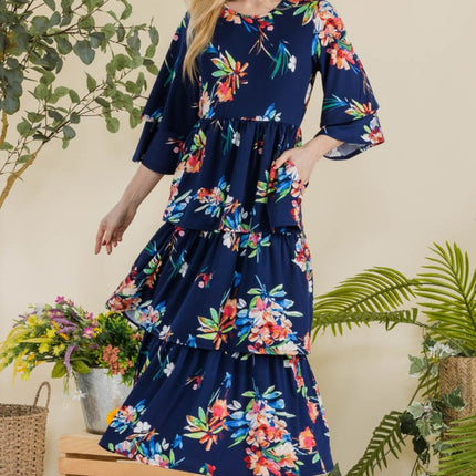 Celeste Full Size Floral Ruffle Tiered Midi Dress