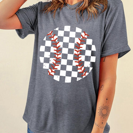 Checkered Graphic Round Neck Short Sleeve T-Shirt