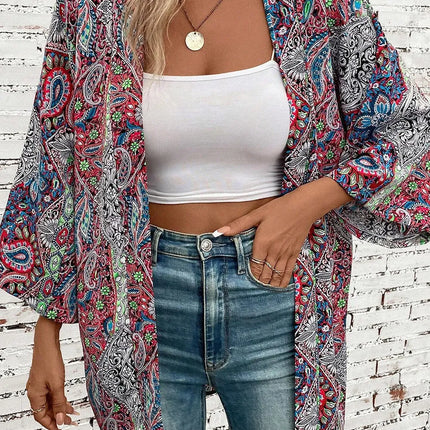 Printed Open Front Long Sleeve Cover Up