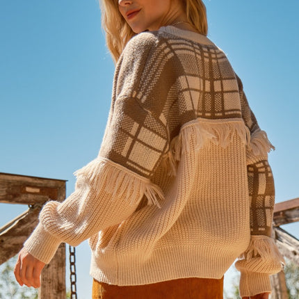 And The Why Plaid Pattern Color Block Fringe Sweater