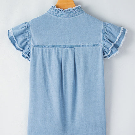 Raw Hem Button Up Cap Sleeve Denim Top