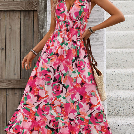 Ruffled Smocked Printed Sleeveless Dress