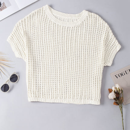 Openwork Round Neck Half Sleeve Knit Cover Up