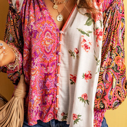 Frill Floral Shirred Cuff Long Sleeve Blouse