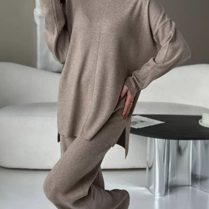 Slit Mock Neck Top and Pants Sweater Set