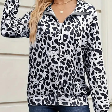 Full Size Leopard Collared Neck Zip Up Jacket