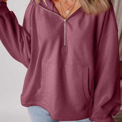 Pocketed Half Zip Dropped Shoulder Hoodie