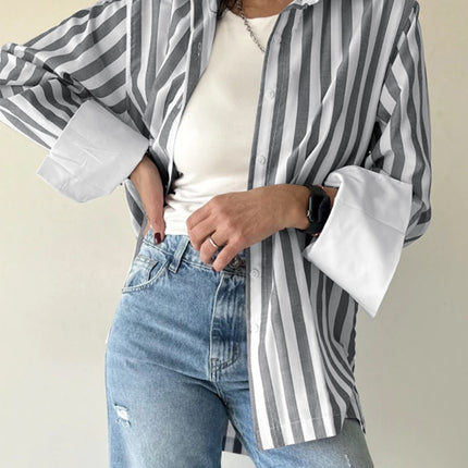 Striped Collared Neck Long Sleeve Shirt