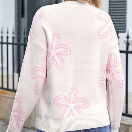 Flower Round Neck Dropped Shoulder Sweater