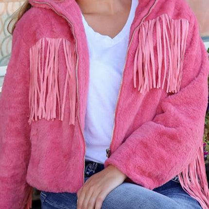 Fringed Zip Up Fleece Jacket