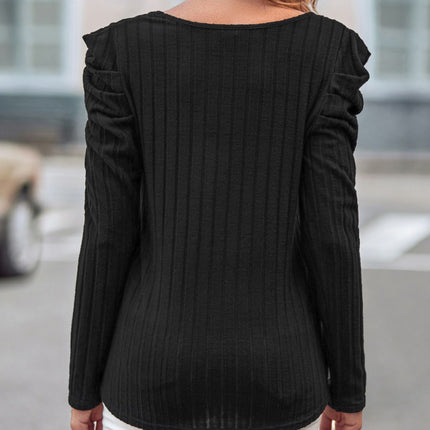 Ribbed Scoop Neck Puff Sleeve T-Shirt