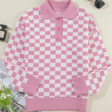 Checkered Collared Neck Long Sleeve Sweater