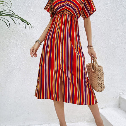 Slit Striped V-Neck Short Sleeve Midi Dress