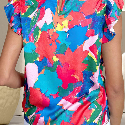 Ruffled Abstract Print Round Neck Cap Sleeve Blouse