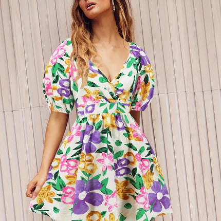 Printed Surplice Short Sleeve Dress