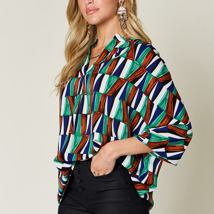 Double Take Full Size Geometric Notched Raglan Sleeve Blouse