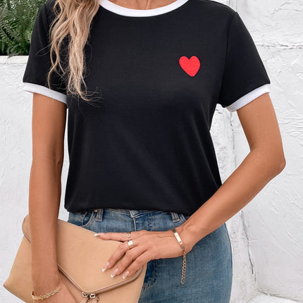 Heart Round Neck Short Sleeve T-Shirt