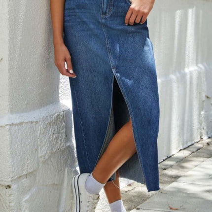 Slit Raw Hem Midi Denim Skirt