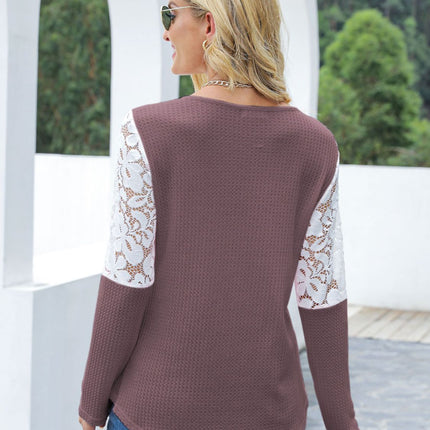 Waffle-Knit Lace Round Neck Long Sleeve T-Shirt