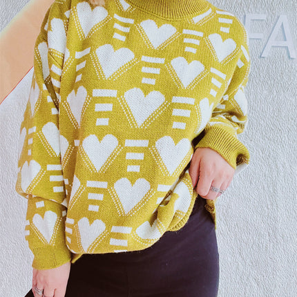 Heart Contrast Long Sleeve Dropped Shoulder Sweater