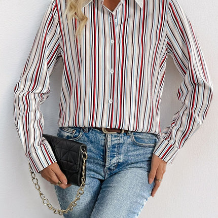 Perfee Contrast Striped Collared Neck Long Sleeve Shirt