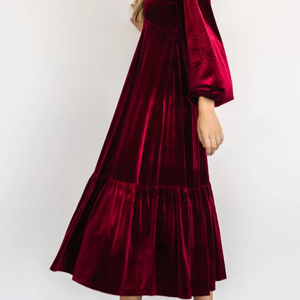 V-Neck Long Sleeve Midi Velvet Dress